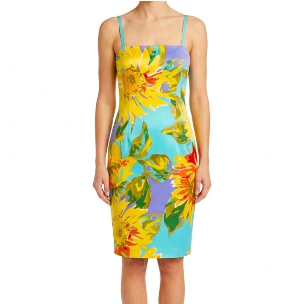David Meister Yellow Blue Purple Sunflowers Floral Sheath Sleeveless Dress sz 4